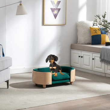 Scandinavian style Elevated Dog Bed Pet Sofa With Solid Wood legs and Bent Wood Back; Velvet Cushion; Small Size