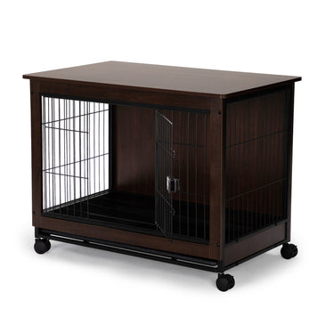Indoor Dog Crate, Sofa Side End Table, 2-Tier Wooden Pet Cage with Removable Tray, Walnut