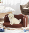 30" Brown Round Pet Sofa; Dog sofa; Dog bed; Cat Bed; Cat Sofa; with Wooden Structure and Linen Goods White Roller Lines on the Edges Curved Appearance pet Sofa with Cushion