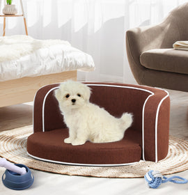 30" Brown Round Pet Sofa; Dog sofa; Dog bed; Cat Bed; Cat Sofa; with Wooden Structure and Linen Goods White Roller Lines on the Edges Curved Appearance pet Sofa with Cushion
