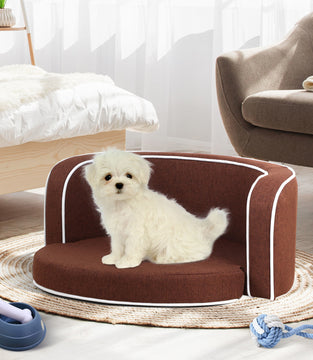 30" Brown Round Pet Sofa; Dog sofa; Dog bed; Cat Bed; Cat Sofa; with Wooden Structure and Linen Goods White Roller Lines on the Edges Curved Appearance pet Sofa with Cushion
