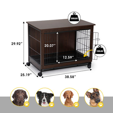 Indoor Dog Crate, Sofa Side End Table, 2-Tier Wooden Pet Cage with Removable Tray, Walnut