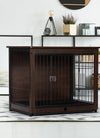 Indoor Dog Crate, Sofa Side End Table, 2-Tier Wooden Pet Cage with Removable Tray, Walnut