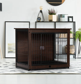 Indoor Dog Crate, Sofa Side End Table, 2-Tier Wooden Pet Cage with Removable Tray, Walnut