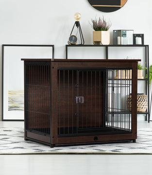 Indoor Dog Crate, Sofa Side End Table, 2-Tier Wooden Pet Cage with Removable Tray, Walnut
