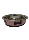 Slow Feeder Spill Proof Pet Bowl with Rubber Base and Bone Design; Pink and Black
