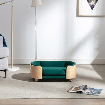 Scandinavian style Elevated Dog Bed Pet Sofa With Solid Wood legs and Bent Wood Back; Velvet Cushion; Small Size