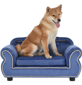 27\" Pet Sofa, Dog sofa, Dog bed, Cat Sofa, Cat Bed, Wooden Frame And Velvet with Buttons And Beige Rope Lines, 4 Black Sturdy Plastic Sofa Feet