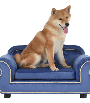 27\" Pet Sofa, Dog sofa, Dog bed, Cat Sofa, Cat Bed, Wooden Frame And Velvet with Buttons And Beige Rope Lines, 4 Black Sturdy Plastic Sofa Feet