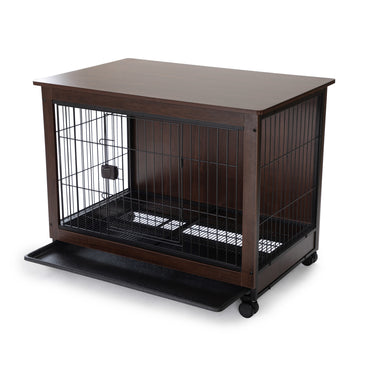 Indoor Dog Crate, Sofa Side End Table, 2-Tier Wooden Pet Cage with Removable Tray, Walnut