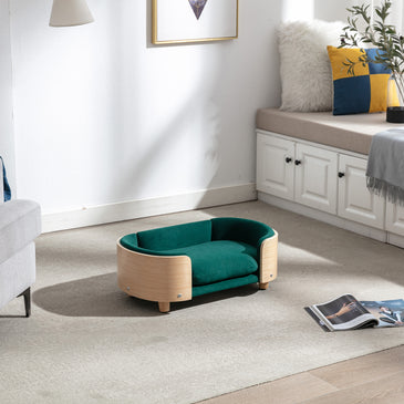Scandinavian style Elevated Dog Bed Pet Sofa With Solid Wood legs and Bent Wood Back; Velvet Cushion; Small Size