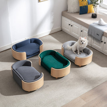 Scandinavian style Elevated Dog Bed Pet Sofa With Solid Wood legs and Bent Wood Back; Velvet Cushion; Small Size