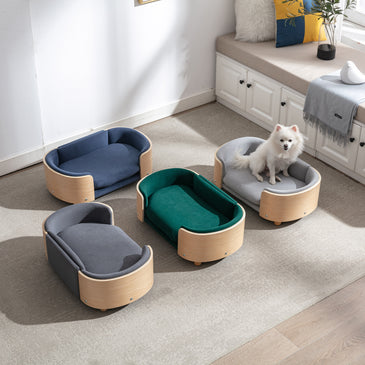 Scandinavian style Elevated Dog Bed Pet Sofa With Solid Wood legs and Bent Wood Back; Velvet Cushion; Small Size