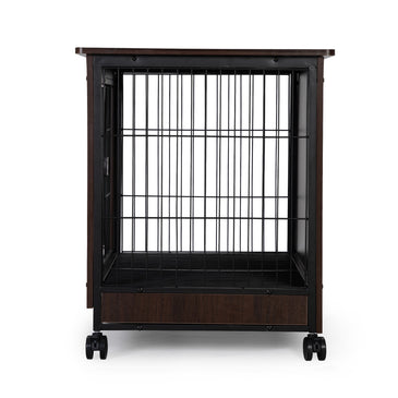 Indoor Dog Crate, Sofa Side End Table, 2-Tier Wooden Pet Cage with Removable Tray, Walnut