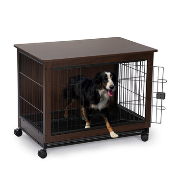 Indoor Dog Crate, Sofa Side End Table, 2-Tier Wooden Pet Cage with Removable Tray, Walnut