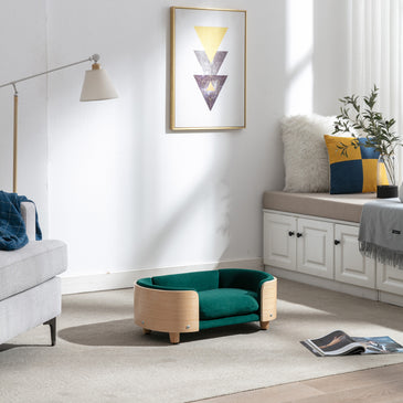 Scandinavian style Elevated Dog Bed Pet Sofa With Solid Wood legs and Bent Wood Back; Velvet Cushion; Small Size