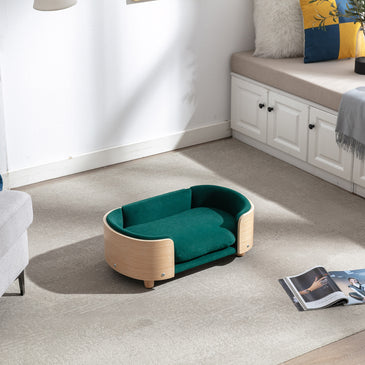 Scandinavian style Elevated Dog Bed Pet Sofa With Solid Wood legs and Bent Wood Back; Velvet Cushion; Small Size