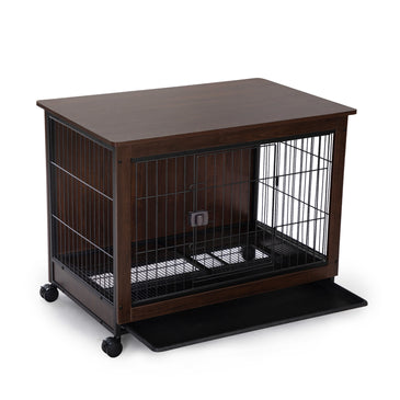 Indoor Dog Crate, Sofa Side End Table, 2-Tier Wooden Pet Cage with Removable Tray, Walnut