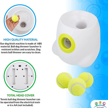 PUREVACY White Automatic Dog Ball Launcher Machine; Automatic Tennis Ball Thrower for Dogs 10.2 x 8.3 x 10.6; ABS Automatic Ball Launcher for Dogs; Pet Ball Launcher with 3 Tennis Balls