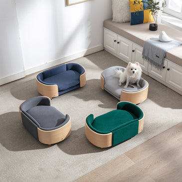 Scandinavian style Elevated Dog Bed Pet Sofa With Solid Wood legs and Bent Wood Back; Velvet Cushion; Small Size