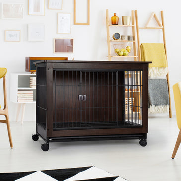 Indoor Dog Crate, Sofa Side End Table, 2-Tier Wooden Pet Cage with Removable Tray, Walnut