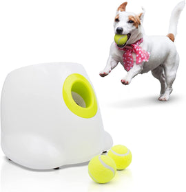PUREVACY White Automatic Dog Ball Launcher Machine; Automatic Tennis Ball Thrower for Dogs 10.2 x 8.3 x 10.6; ABS Automatic Ball Launcher for Dogs; Pet Ball Launcher with 3 Tennis Balls