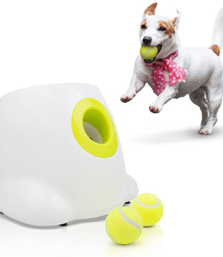 PUREVACY White Automatic Dog Ball Launcher Machine; Automatic Tennis Ball Thrower for Dogs 10.2 x 8.3 x 10.6; ABS Automatic Ball Launcher for Dogs; Pet Ball Launcher with 3 Tennis Balls