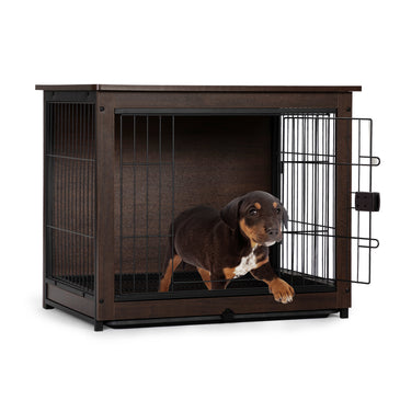 Indoor Dog Crate, Sofa Side End Table, 2-Tier Wooden Pet Cage with Removable Tray, Walnut