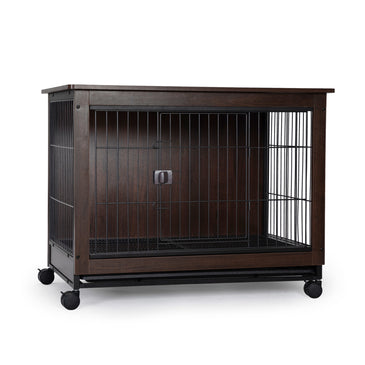 Indoor Dog Crate, Sofa Side End Table, 2-Tier Wooden Pet Cage with Removable Tray, Walnut