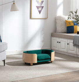 Scandinavian style Elevated Dog Bed Pet Sofa With Solid Wood legs and Bent Wood Back; Velvet Cushion; Small Size