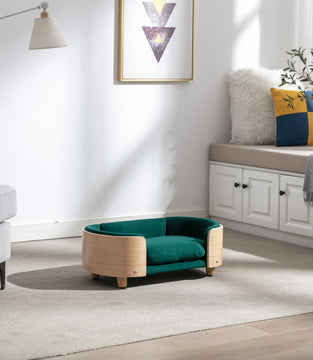 Scandinavian style Elevated Dog Bed Pet Sofa With Solid Wood legs and Bent Wood Back; Velvet Cushion; Small Size