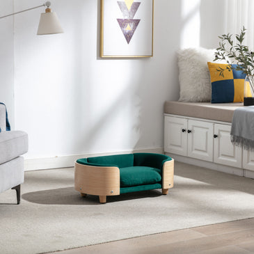 Scandinavian style Elevated Dog Bed Pet Sofa With Solid Wood legs and Bent Wood Back; Velvet Cushion; Small Size