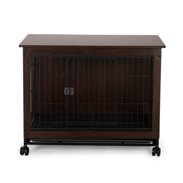 Indoor Dog Crate, Sofa Side End Table, 2-Tier Wooden Pet Cage with Removable Tray, Walnut